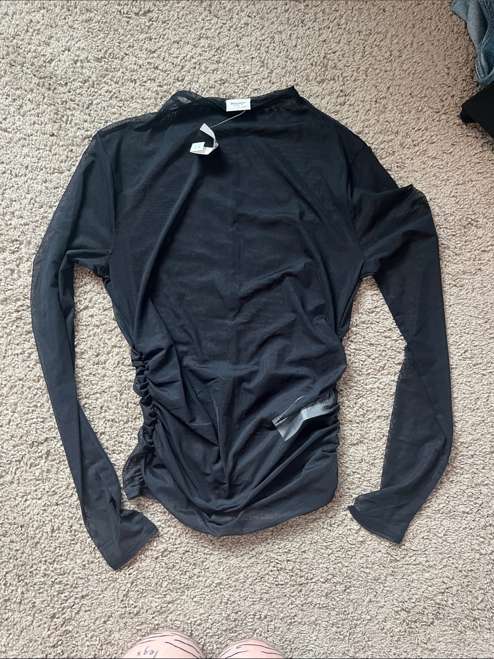 Black Ruched Long-Sleeve Mesh Top